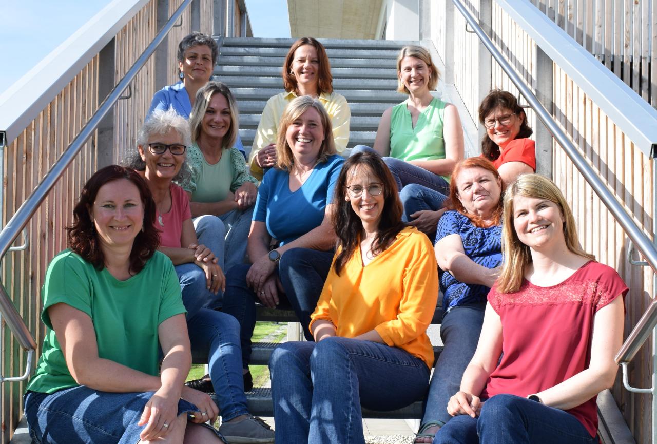 Gruppenfoto auf Außentreppe sitzend