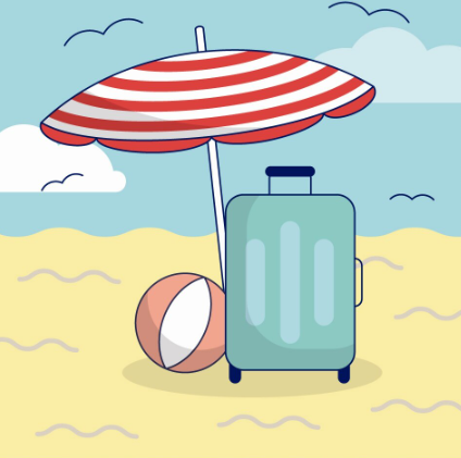 Koffer, Ball und Sonnenschirm im Sand