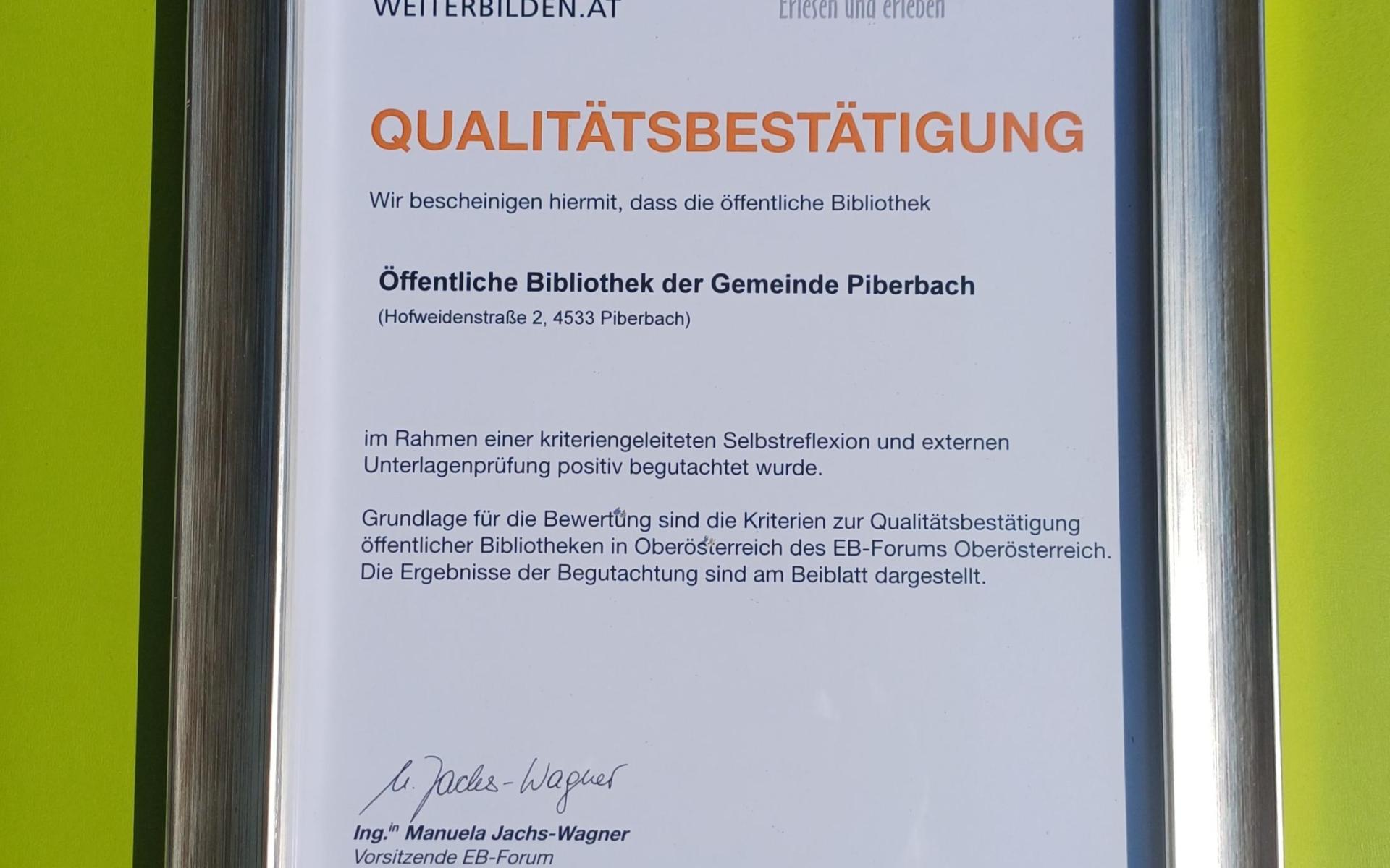 Qualitätsbestätigung gerahmt